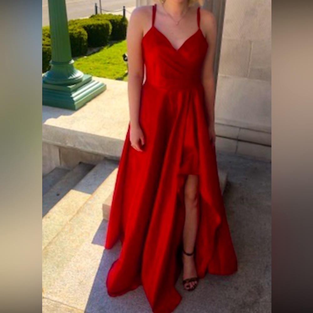 Alyce Paris Cherry Red High Slit Pleated Top Double Strap Formal